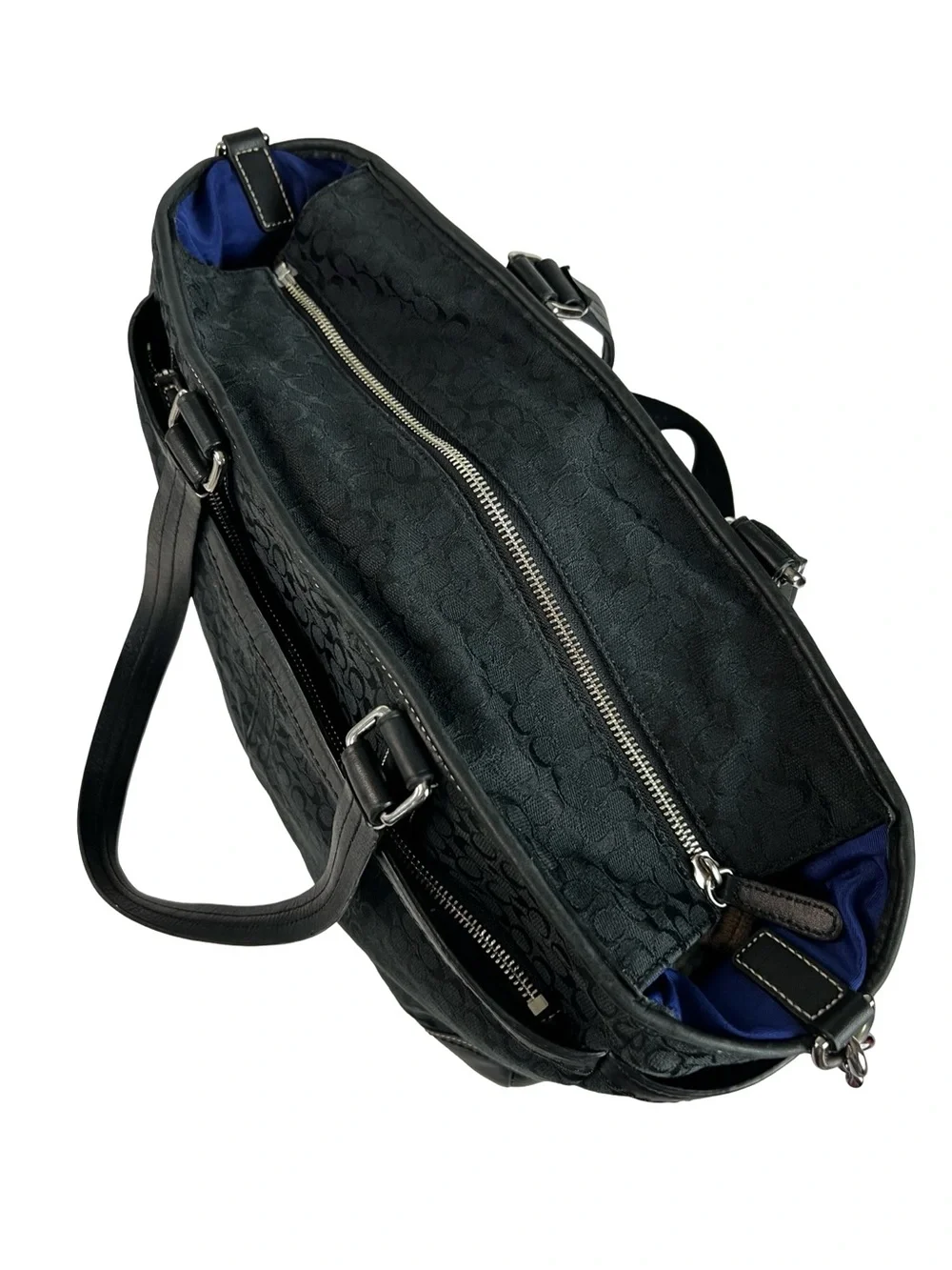 Coach Signature Stripe Multifunction Diaper Tote Bag Black Canvas Blue Interior
